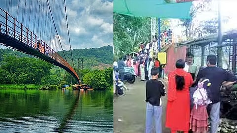 Crowd of tourists at Inchathotti suspension bridge; locals stranded