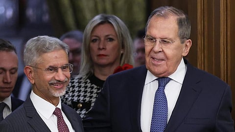 Russian Foreign Minister Sergey Lavrov, right, and Foreign Minister Subrahmanyam Jaishankar