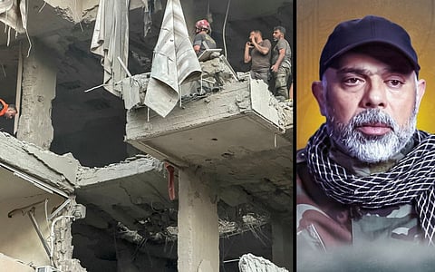 A residential building hit by Israel in the southern Haret Hreik neighborhood of Beirut on November 23, 2025, and a picture of Hezbollah chief Haitham Ali Tabatabai released by the terror group after his death.