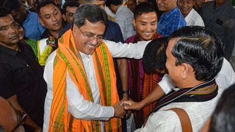 Manik Saha after being named as the next chief minister of Tripura at a meeting of the BJP legislative party, in Agartala.