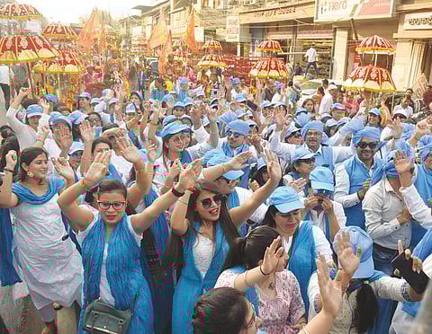 Sindhi community members participate in a religious procession on the occasion of Cheti Chand, marked as birth anniversary of Lord Jhulelal, in Bhopal on Thursday.