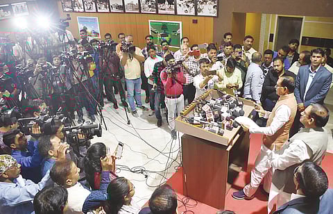 Chief Minister Shivraj Singh Chouhan talking to media persons during the ongoing budget session of the Madhya Pradesh State Assembly in Bhopal on Tuesday.