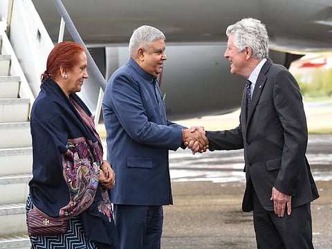Vice-President Dhankhar arrives in London for King Charles III's Coronation