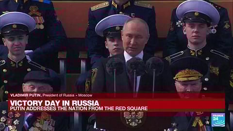 President Vladimir Putin addresses parade on Red Square, says 'a real war' has been unleashed against Russia