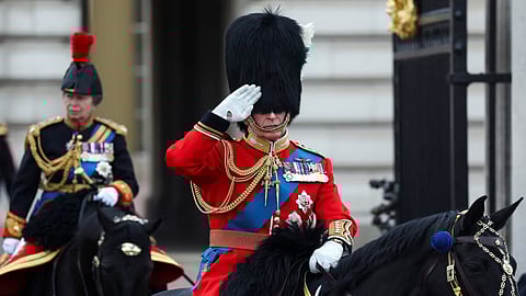 King Charles III rides on horseback for Trooping the Colour birthday parade in UK