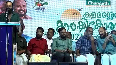 Jayasurya speaks during an agriculture-related event organised at Kalamassery