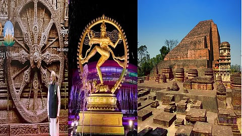 The backdrop of the G20 venue Bharat Mandapam