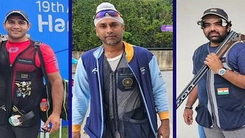 Prithviraj Tondaiman, Kynan Chenai, and Zoravar Singh Sandhu won the gold medal in men's trap shooting at the Asian Games