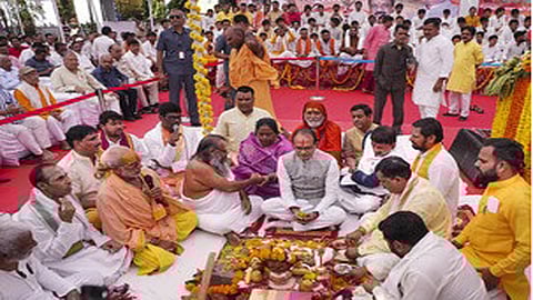 MP CM Shivraj Singh Chouhan at the the 'Shri Mahakal Mahalok' temple corridor in Ujjain.