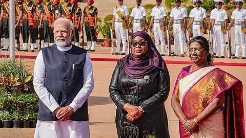 Tanzanian President Samia Suluhu Hassan with Indian President Droupadi Murmu and PM Narendra Modi