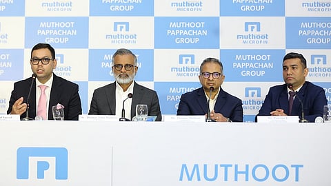 Sadaf Sayeed, Chief Executive Officer, Muthoot Microfin Limited
Thomas John Muthoot, Group Chairman, Muthoot Pappachan Group, Thomas Muthoot, Managing Director, Muthoot Microfin Limited, Praveen T., Chief Financial Officer, Muthoot Microfin Limited addressing the gathering at the IPO Conference.