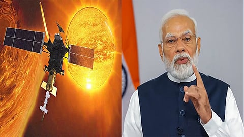 PM Narendra Modi announces on India's first solar observatory Aditya-L1's successful placement at L1 point.