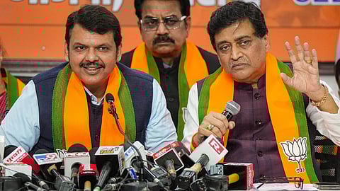 Former Maharashtra CM and Congress leader Ashok Chavan with Maharashtra Deputy Chief Minister Devendra Fadnavis addresses media after joining BJP in Mumbai.