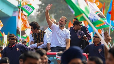 Rahul Gandhi waves at supporters during the Bharat Jodo Nyay Yatra in Rourkela.