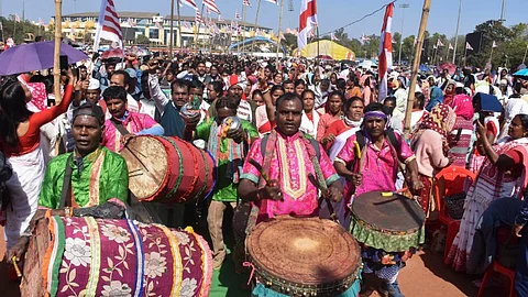 Tribals play traditional instruments during the Adivasi Ekta Maha Rally over Jal, Jungle and Jamin, Forest Rights and PESA Act (Panchayat Extension in Scheduled Area), in Ranchi, Sunday, Feb. 4, 2024.