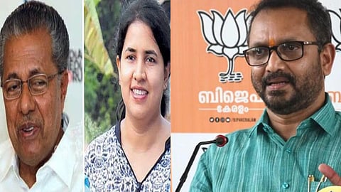 BJP state president K Surendran (R) and Kerala CM P Vijayan and daughter Veena