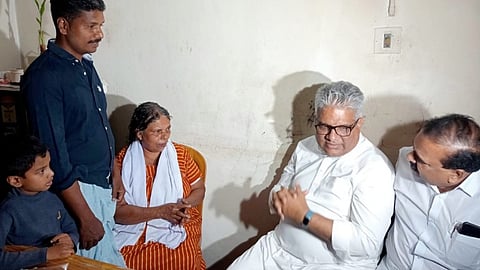 Union Minister of Environment, Forest & Climate Change Bhupender Yadav meets the family of Ajeesh Joseph, who was killed in an elephant attack in Wayanad.