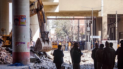 Debris after a portion of the Gokulpuri Metro Station on the Pink Line collapsed, in New Delhi, Thursday, Feb. 8, 2024.