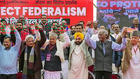 Delhi Chief Minister Arvind Kejriwal, Kerala Chief Minister Pinarayi Vijayan, Punjab Chief Minister Bhagwant Mann, Jammu and Kashmir National Conference President Farooq Abdullah, Communist Party of India (CPI) General Secretary D Raja, CPI(M) General Secretary Sitaram Yechury and others during LDF's protest.