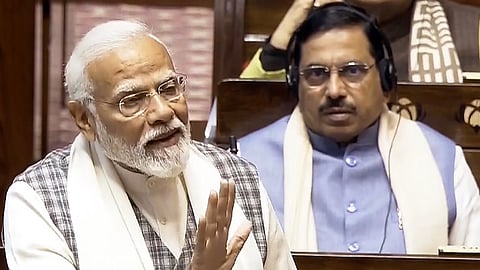 Prime Minister Narendra Modi speaks in the Rajya Sabha during the Budget session of Parliament, in New Delhi, Wednesday, Feb. 7, 2024.