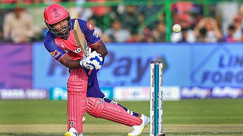 Rajasthan Royals batter Sanju Samson plays a shot during the IPl 2024 T20 cricket match between Lucknow Super Giants and Rajasthan Royals at SMS Stadium, in Jaipur, Sunday, March 24, 2024.