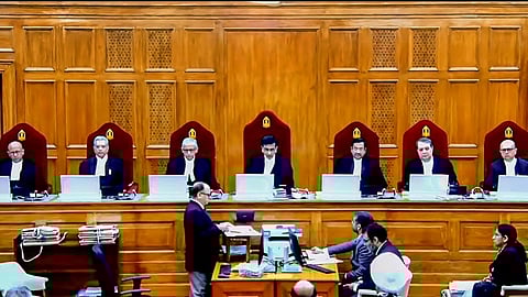 The seven-judge constitution bench headed by Chief Justice of India D.Y. Chandrachud during pronouncement of verdict on bribes and corruption by legislators.
