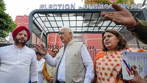 Congress leaders Salman Khurshid, Mukul Wasnik, Supriya Shrinate and others come out after meeting the Election Commissioners at Nirvachan Sadan, in New Delhi, Thursday, March 21, 2024.