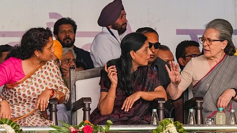 Congress leader Sonia Gandhi, jailed Delhi CM Arvind Kejriwal's wife Sunita Kejriwal and jailed former Jharkhand CM Hemant Soren's wife Kalpana Soren during I.N.D.I.A. bloc's 'Loktantra Bachao Rally' at Ramleela Maidan, in New Delhi, Sunday, March 31, 2024.