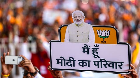 BJP supporters during the inauguration and foundation stone laying ceremony of various development projects, at Bettiah in West Champaran district.