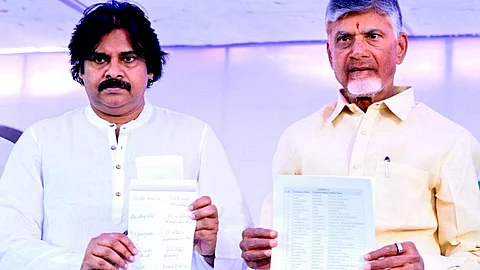 Telugu Desam Party Chief N Chandrababu Naidu with Jana Sena Party chief Pawan Kalyan during the announcement of their first joint list of 118 seats for the forthcoming Assembly polls.