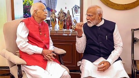Prime Minister Narendra Modi with veteran BJP leader L K Advani before the latter was honoured with the 'Bharat Ratna' at his residence, in New Delhi, Sunday, March 31, 2024.