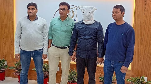 Former Tamil Nadu DMK functionary Jaffer Sadiq after he was arrested by the Narcotics Control Bureau (NCB) in a drug racket case in New Delhi, on Saturday, March 9, 2024.