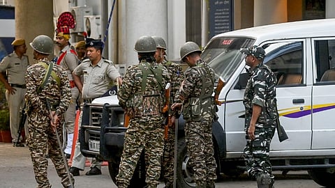 CBI officials leave without taking custody of Trinamool Congress leader Shahjahan Sheikh, accused in the Sandeshkhali case, after West Bengal Government refused to hand over his custody to the CBI, at the Bhavani Bhawan (West Bengal Police headquarters), in Kolkata.