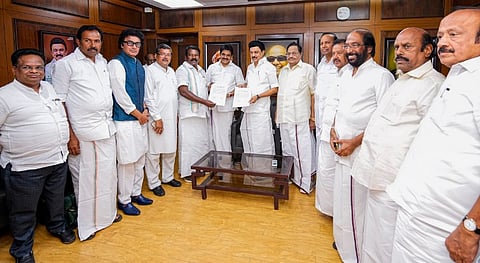Congress leader KC Venugopal with Tamil Nadu Congress Committee President K Selvaperunthagai and other leaders meets DMK President MK Stalin to seal a seat-sharing deal ahead of the Lok Sabha polls, at Sathyamurthi Bhavan, Saturday, March 9, 2024.