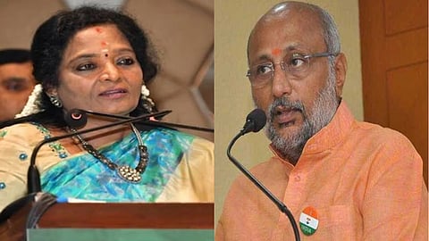 Outgoing Governor Tamilisai Soundararajan (L) and C P Radhakrishnan - the new Governor of Telangana