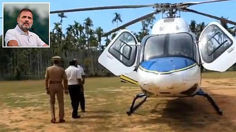 Election officials conduct checks in a helicopter carrying Congress leader Rahul Gandhi.