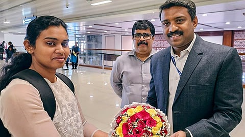 Ann Tessa Joseph, a deck cadet who was a part of 17 Indian Indian nationals onboard the seized vessel MSC Aries, on her arrival at the Cochin Airport, Thursday, April 18, 2024.