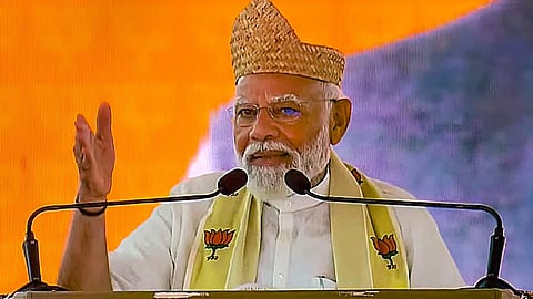 Prime Minister Narendra Modi addresses a public meeting, ahead of Lok Sabha elections, in Attingal, Kerala, Monday, April 15, 2024.