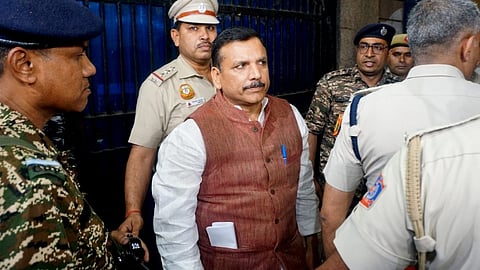 AAP MP Sanjay Singh, who was behind bars since Oct. 2023 in the liquor policy case, comes out of the Tihar Jail after the Supreme Court granted him bail, in New Delhi, Wednesday, April 3, 2024.