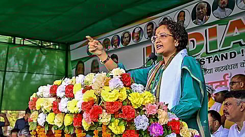 JMM leader and wife of former Jharkhand chief minister Hemant Soren, Kalpana Soren addresses an election rally after filing her nomination for the Gandey assembly constituency bypoll, in Gandey, Giridih district.
