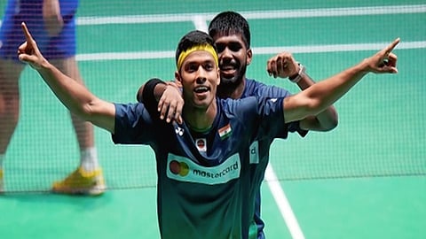 Satwiksairaj Rankireddy and Chirag Shett after winning men's doubles title at the Thailand Open Super 500 badminton tournament