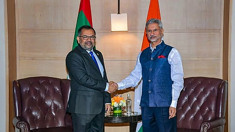 External Affairs Minister S Jaishankar with Maldives Foreign Minister Moosa Zameer at a meeting, in New Delhi, Thursday, May 9, 2024.