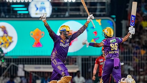 Kolkata Knight Riders batters Venkatesh Iyer and Shreyas Iyer celebrate their victory in the Indian Premier League (IPL) 2024 final cricket match against Sunrisers Hyderabad at MA Chidambaram Stadium, in Chennai, Sunday, May 26, 2024.