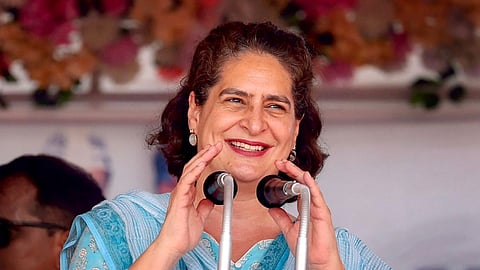 Congress leader Priyanka Gandhi addresses during a public meeting for Lok Sabha elections, in Gorakhpur, Saturday, May 25, 2024.