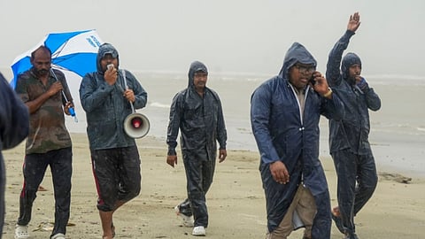 Disaster response force personnel deployed at a beach, ahead of the landfall of Cyclone 'Remal', in South 24 Parganas district, Sunday, May 26, 2024.