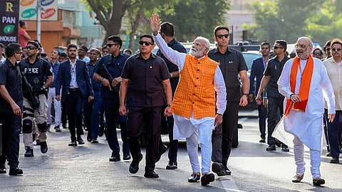 Prime minister Narendra Modi after voting at a polling booth in Gandhinagar Lok Sabha constituency in Gujarat.