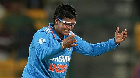 Indian bowler Deepti Sharma celebrates the wicket of South African batter Sune Luus during the first ODI cricket match between India and South Africa, at M. Chinnaswamy Stadium, in Bengaluru, Sunday, June 16, 2024.