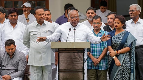 Congress President Mallikarjun Kharge, Delhi Chief Minister and AAP chief Arvind Kejriwal, JMM leader Kalpana Soren, DMK leader TR Baalu, AAP leader Sanjay Singh, RJD leader Tejashwi Yadav, CPI leader D Raja and others during a press conference after INDIA bloc leaders' meeting at Kharge's residence, in New Delhi, Saturday, June 1, 2024.