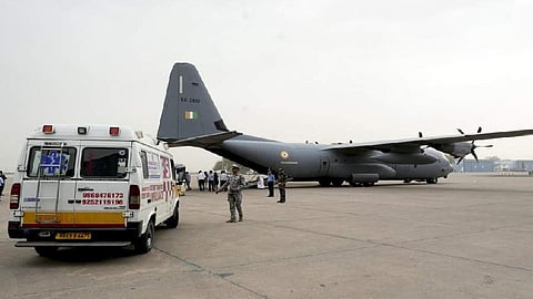 IAF aircraft carrying the mortal remains of Indians who died in Kuwait fire tragedy