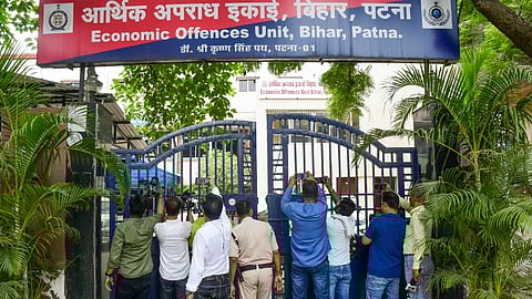 Media persons outside the Economic Offences Unit (EOU) office as a team of CBI arrives here to probe into the alleged rregularities in NEET-UG exam, in Patna, Monday, June 24, 2024.